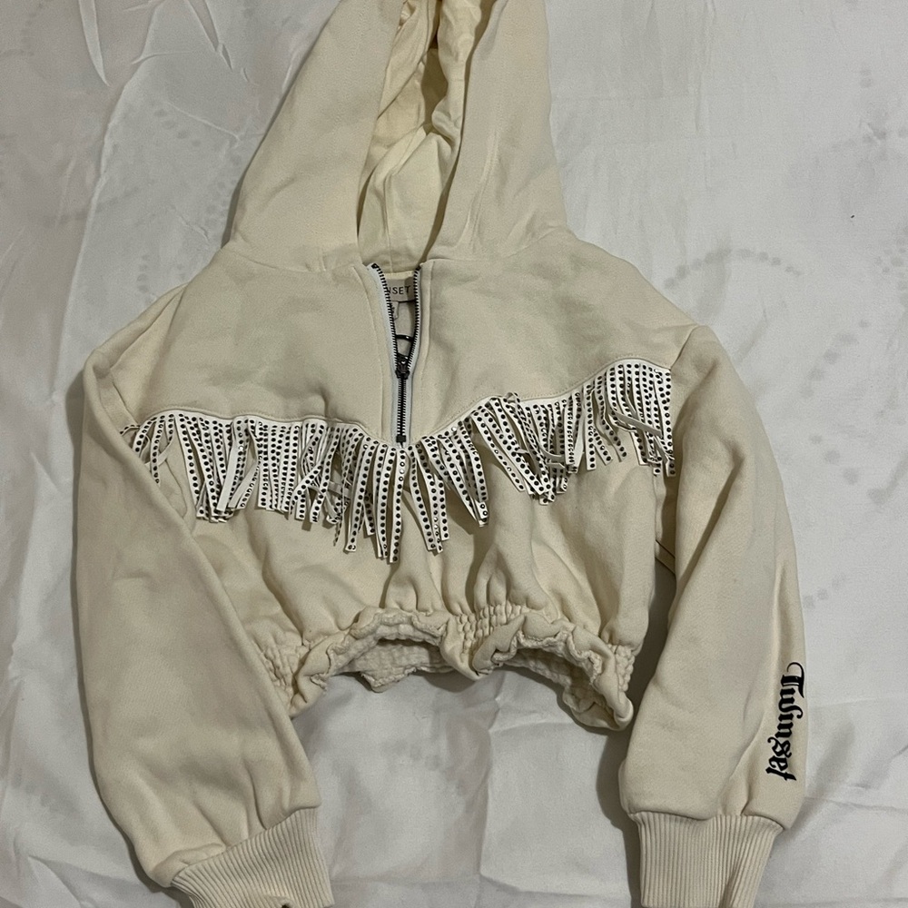 Twin-Set Cream Cropped Hoodie with Fringe and Rhinestone Girls Size 6